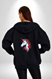Unicorn Tek Boynuzlu At Kadın Erkek Siyah Renk Kapüşonlu Kanguru Cepli  Fermuarlı Pamuklu Oversize Dijital Baskılı Hırka Sweatshirt