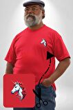 Unicorn Tek Boynuzlu At Kırmızı Büyük Beden Kadın Basic Minimal Baskılı Tişört