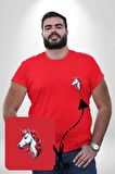 Unicorn Tek Boynuzlu At Kırmızı Büyük Beden Kadın Basic Minimal Baskılı Tişört