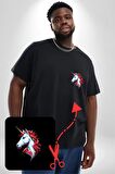 Unicorn Tek Boynuzlu At Siyah Büyük Beden Kadın Basic Minimal Baskılı Tişört