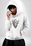 Bizon İnek Kafatası Kurumuş Kadın Erkek  Beyaz Kapüşonlu Sweatshirt Hoodie