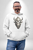 Bizon İnek Kafatası Kurumuş Kadın Erkek  Beyaz Kapüşonlu Sweatshirt Hoodie