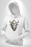 Bizon İnek Kafatası Kurumuş Kadın Erkek  Beyaz Kapüşonlu Sweatshirt Hoodie