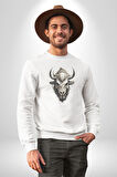 Bizon İnek Kafatası Kurumuş Kadın Erkek  Beyaz Baskılı Sweatshirt 