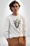 Bizon İnek Kafatası Kurumuş Kadın Erkek  Beyaz Baskılı Sweatshirt 