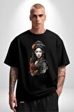 Japon Asyalı Samuray Kadın  Pamuklu Bisiklet Yaka Kadın Erkek Oversize Boyfriend Dijital Baskılı Siyah T-shirt