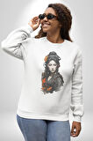 Japon Asyalı Samuray Kadın  Kadın Erkek  Beyaz Baskılı Sweatshirt 