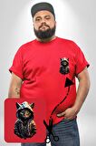Hip Hop Gençlik Kedi Çeket Kırmızı Büyük Beden Kadın Basic Minimal Baskılı Tişört