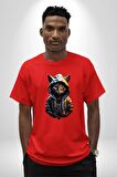 Hip Hop Gençlik Kedi Çeket Pamuklu Bisiklet Yaka Kadın Erkek Oversize Boyfriend Dijital Baskılı Kırmızı T-Shirt