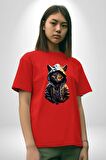 Hip Hop Gençlik Kedi Çeket Pamuklu Bisiklet Yaka Kadın Erkek Oversize Boyfriend Dijital Baskılı Kırmızı T-Shirt