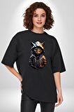 Hip Hop Gençlik Kedi Çeket Pamuklu Bisiklet Yaka Kadın Erkek Oversize Boyfriend Dijital Baskılı Siyah T-shirt