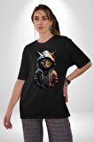 Hip Hop Gençlik Kedi Çeket Pamuklu Bisiklet Yaka Kadın Erkek Oversize Boyfriend Dijital Baskılı Siyah T-shirt