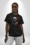 Hip Hop Gençlik Kedi Çeket Pamuklu Bisiklet Yaka Kadın Erkek Oversize Boyfriend Dijital Baskılı Siyah T-shirt
