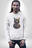 Hip Hop Gençlik Kedi Çeket Kadın Erkek  Beyaz Baskılı Sweatshirt 