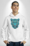 Yeşil Leopar Kafası Kadın Erkek  Beyaz Kapüşonlu Sweatshirt Hoodie