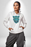 Yeşil Leopar Kafası Kadın Erkek  Beyaz Kapüşonlu Sweatshirt Hoodie