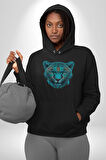 Yeşil Leopar Kafası Kadın Erkek  Siyah Kapüşonlu Sweatshirt Hoodie