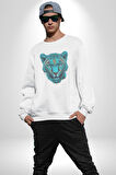 Yeşil Leopar Kafası Kadın Erkek  Beyaz Baskılı Sweatshirt 