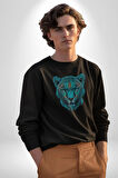 Yeşil Leopar Kafası Kadın Erkek  Siyah Baskılı Sweatshirt 