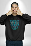 Yeşil Leopar Kafası Kadın Erkek  Siyah Baskılı Sweatshirt 