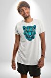 Yeşil Leopar Kafası Kadın Erkek Unisex Beyaz Organik Baskılı T-Shirt Penye Yüksek Kalite