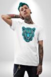 Yeşil Leopar Kafası Kadın Erkek Unisex Beyaz Organik Baskılı T-Shirt Penye Yüksek Kalite