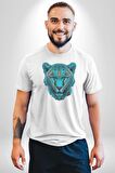 Yeşil Leopar Kafası Kadın Erkek Unisex Beyaz Organik Baskılı T-Shirt Penye Yüksek Kalite