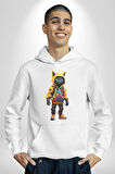 Spor Eşofman Takımı Sarı Kedi İnsan Kadın Erkek  Beyaz Kapüşonlu Sweatshirt Hoodie