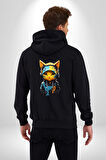 Bandana Kedi Kulaklık Çeket Kadın Erkek Siyah Renk Kapüşonlu Kanguru Cepli  Fermuarlı Pamuklu Oversize Dijital Baskılı Hırka Sweatshirt