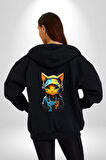 Bandana Kedi Kulaklık Çeket Kadın Erkek Siyah Renk Kapüşonlu Kanguru Cepli  Fermuarlı Pamuklu Oversize Dijital Baskılı Hırka Sweatshirt