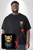 Bandana Kedi Kulaklık Çeket Siyah Büyük Beden Kadın Basic Minimal Baskılı Tişört