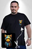 Bandana Kedi Kulaklık Çeket Siyah Büyük Beden Kadın Basic Minimal Baskılı Tişört