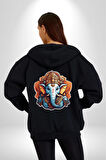 Hindu Fil Bereket Tanrısı Kadın Erkek Siyah Renk Kapüşonlu Kanguru Cepli  Fermuarlı Pamuklu Oversize Dijital Baskılı Hırka Sweatshirt