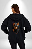 Siyah Ateşli Sinirli Kurt  Kadın Erkek Siyah Renk Kapüşonlu Kanguru Cepli  Fermuarlı Pamuklu Oversize Dijital Baskılı Hırka Sweatshirt