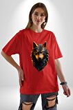 Siyah Ateşli Sinirli Kurt  Pamuklu Bisiklet Yaka Kadın Erkek Oversize Boyfriend Dijital Baskılı Kırmızı T-Shirt