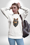 Siyah Ateşli Sinirli Kurt  Kadın Erkek  Beyaz Baskılı Sweatshirt 