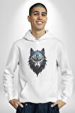 Mavi Kurt Robot  Kadın Erkek  Beyaz Kapüşonlu Sweatshirt Hoodie