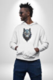 Mavi Kurt Robot  Kadın Erkek  Beyaz Kapüşonlu Sweatshirt Hoodie