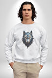 Mavi Kurt Robot  Kadın Erkek  Beyaz Baskılı Sweatshirt 