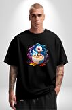 Sevimli Bebek Ejderha Elmas Yumurta Pamuklu Bisiklet Yaka Kadın Erkek Oversize Boyfriend Dijital Baskılı Siyah T-shirt
