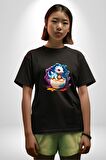Sevimli Bebek Ejderha Elmas Yumurta Pamuklu Bisiklet Yaka Kadın Erkek Oversize Boyfriend Dijital Baskılı Siyah T-shirt