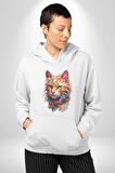 Hayvan Kedi Sanat Potre Kadın Erkek  Beyaz Kapüşonlu Sweatshirt Hoodie