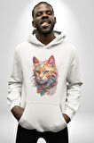 Hayvan Kedi Sanat Potre Kadın Erkek  Beyaz Kapüşonlu Sweatshirt Hoodie