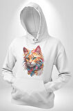 Hayvan Kedi Sanat Potre Kadın Erkek  Beyaz Kapüşonlu Sweatshirt Hoodie