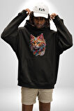 Hayvan Kedi Sanat Potre Kadın Erkek  Siyah Kapüşonlu Sweatshirt Hoodie