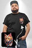 Hayvan Kedi Sanat Potre Siyah Büyük Beden Kadın Basic Minimal Baskılı Tişört