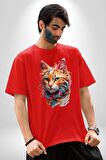 Hayvan Kedi Sanat Potre Pamuklu Bisiklet Yaka Kadın Erkek Oversize Boyfriend Dijital Baskılı Kırmızı T-Shirt