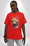 Hayvan Kedi Sanat Potre Pamuklu Bisiklet Yaka Kadın Erkek Oversize Boyfriend Dijital Baskılı Kırmızı T-Shirt