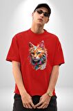 Hayvan Kedi Sanat Potre Pamuklu Bisiklet Yaka Kadın Erkek Oversize Boyfriend Dijital Baskılı Kırmızı T-Shirt