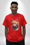 Hayvan Kedi Sanat Potre Pamuklu Bisiklet Yaka Kadın Erkek Oversize Boyfriend Dijital Baskılı Kırmızı T-Shirt